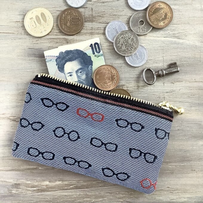 【メガネ柄】畳縁 ぺたんこ ミニポーチ カードケース 小銭入れ ブルー 眼鏡 めがね ユニーク