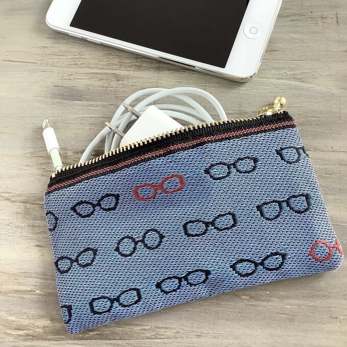 【メガネ柄】畳縁 ぺたんこ ミニポーチ カードケース 小銭入れ ブルー 眼鏡 めがね ユニーク