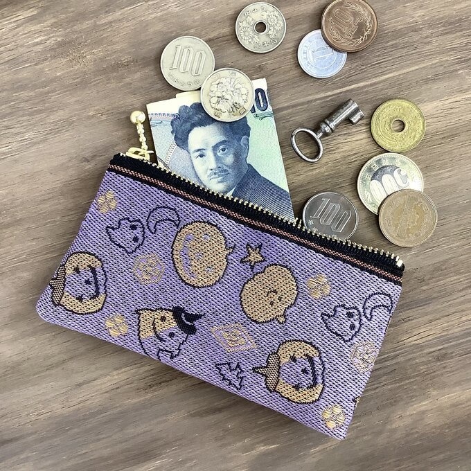 【ハロウィン】畳縁 ぺたんこ ミニポーチ カードケース 小銭入れ 紫 おばけ かぼちゃ