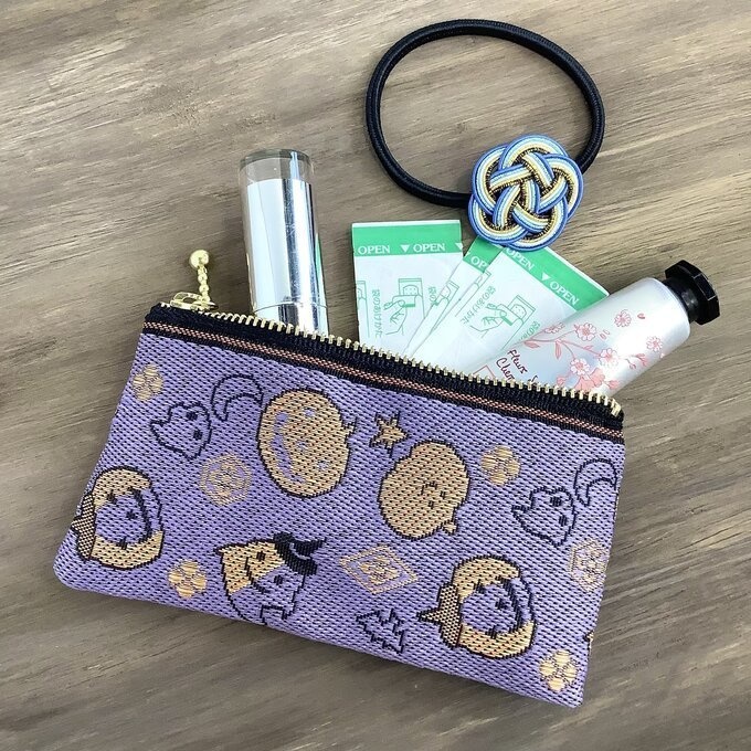 【ハロウィン】畳縁 ぺたんこ ミニポーチ カードケース 小銭入れ 紫 おばけ かぼちゃ