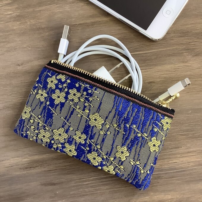 【金梅】畳縁 ぺたんこ ミニポーチ 小銭入れ カードケース 青 和風 梅