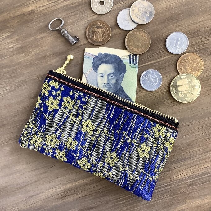 【金梅】畳縁 ぺたんこ ミニポーチ 小銭入れ カードケース 青 和風 梅