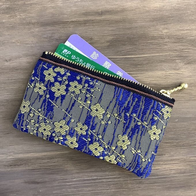 【金梅】畳縁 ぺたんこ ミニポーチ 小銭入れ カードケース 青 和風 梅