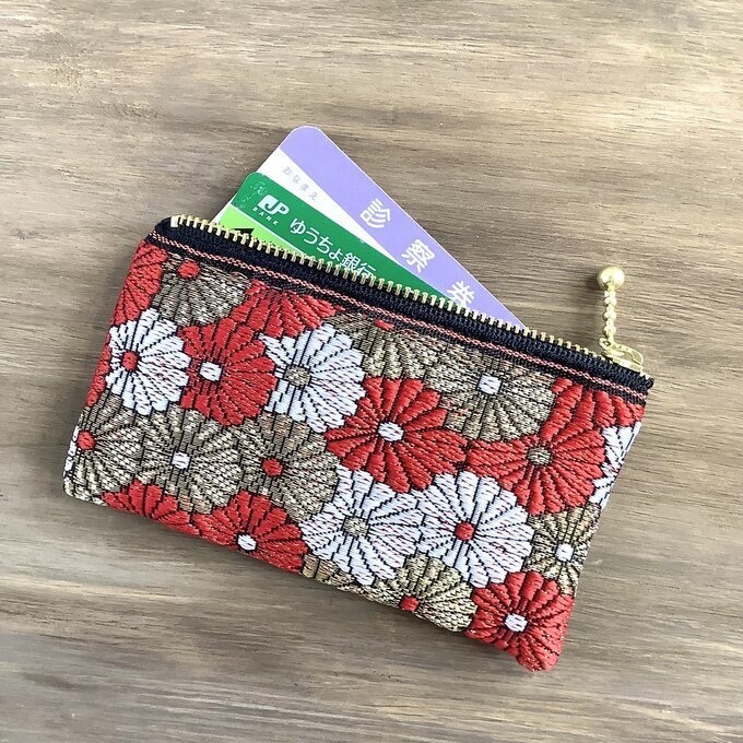 【菊花】畳縁 ぺたんこ ミニポーチ 小銭入れ カードケース 和風 赤 金 白 デイジー
