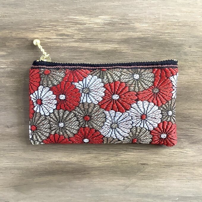 【菊花】畳縁 ぺたんこ ミニポーチ 小銭入れ カードケース 和風 赤 金 白 デイジー
