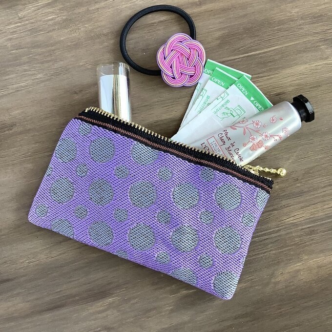 【霧の泡】畳縁 ぺたんこ ミニポーチ カードケース 小銭入れ 紫 グレー 水玉 ドット ニュアンスカラー