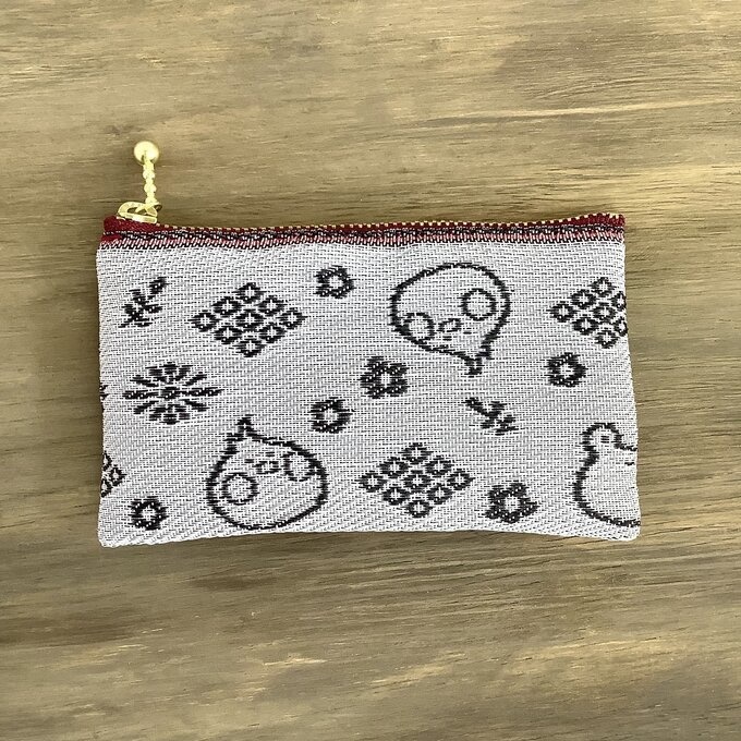 【カエルとトリさん】畳縁 ぺたんこ ミニポーチ 小銭入れ カードケース 灰桜色 ピンク 蛙 鳥 オカメインコ