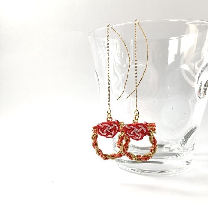 水引 ミニリース ピアス【夕焼け色】大人可愛い オレンジ ゴールド キラキラ