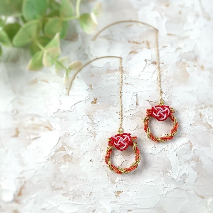 水引 ミニリース ピアス【夕焼け色】大人可愛い オレンジ ゴールド キラキラ