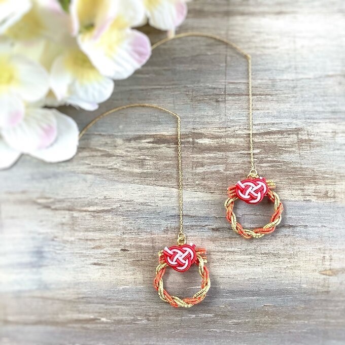 水引 ミニリース ピアス【夕焼け色】大人可愛い オレンジ ゴールド キラキラ