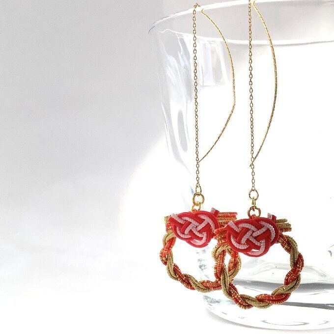 水引 ミニリース ピアス【夕焼け色】大人可愛い オレンジ ゴールド キラキラ