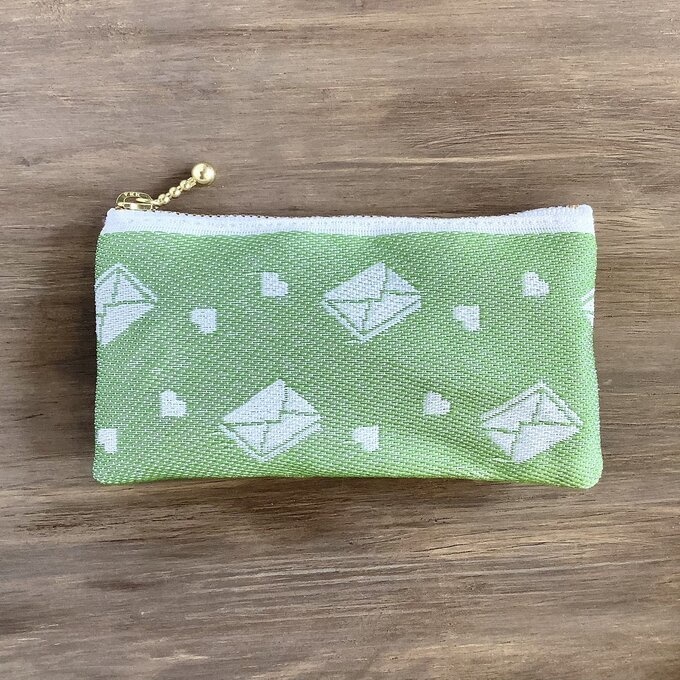 【ラブレター】畳縁 ぺたんこ ミニポーチ 小銭入れ カードケース メロン色 グリーン 手紙 ハート