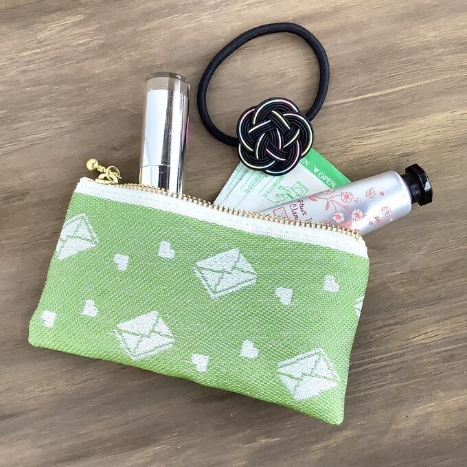 【ラブレター】畳縁 ぺたんこ ミニポーチ 小銭入れ カードケース メロン色 グリーン 手紙 ハート