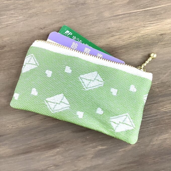 【ラブレター】畳縁 ぺたんこ ミニポーチ 小銭入れ カードケース メロン色 グリーン 手紙 ハート