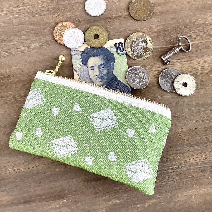 【ラブレター】畳縁 ぺたんこ ミニポーチ 小銭入れ カードケース メロン色 グリーン 手紙 ハート