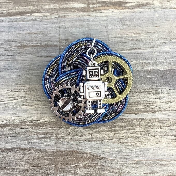 【スチームパンク】水引 ブローチ ロボホンとお揃い♪ブルー 帯留 ロボット 歯車