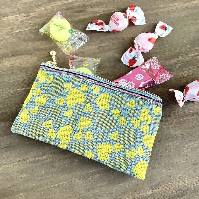 【ハート】畳縁 ぺたんこ ミニポーチ カードケース 小銭入れ 和風 黄色 水色