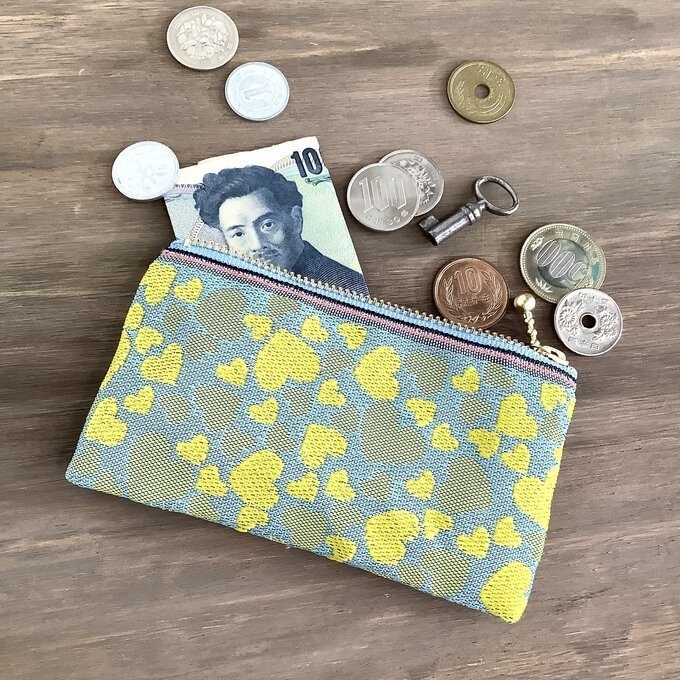 【ハート】畳縁 ぺたんこ ミニポーチ カードケース 小銭入れ 和風 黄色 水色