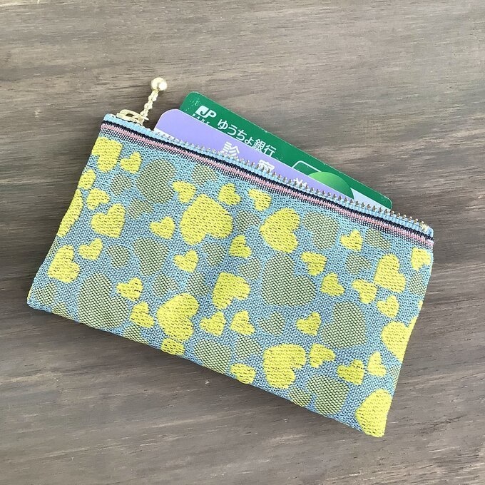 【ハート】畳縁 ぺたんこ ミニポーチ カードケース 小銭入れ 和風 黄色 水色