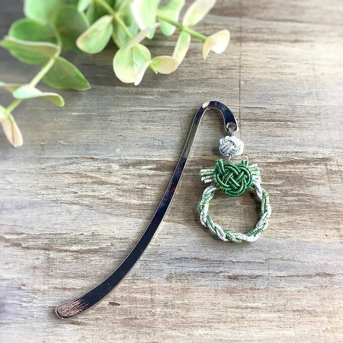 御朱印帳 しおり 水引【ミニリース】ブックマーカー 和風 手帳 シルバー グリーン