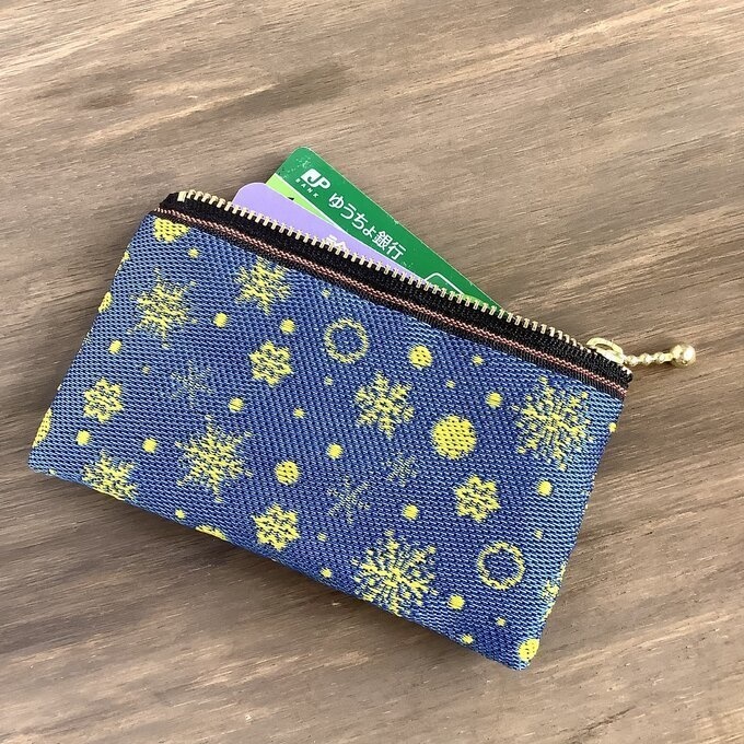 【六華】畳縁 ぺたんこ ミニポーチ カードケース 小銭入れ 青 黄色 雪の結晶 クリスマス