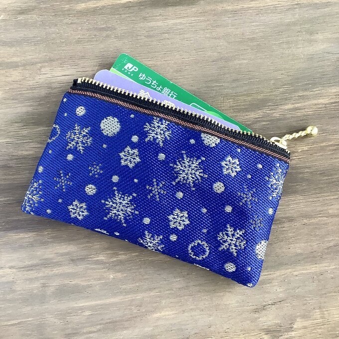 【六華】畳縁 ぺたんこ ミニポーチ カードケース 小銭入れ 青 白 雪の結晶 クリスマス