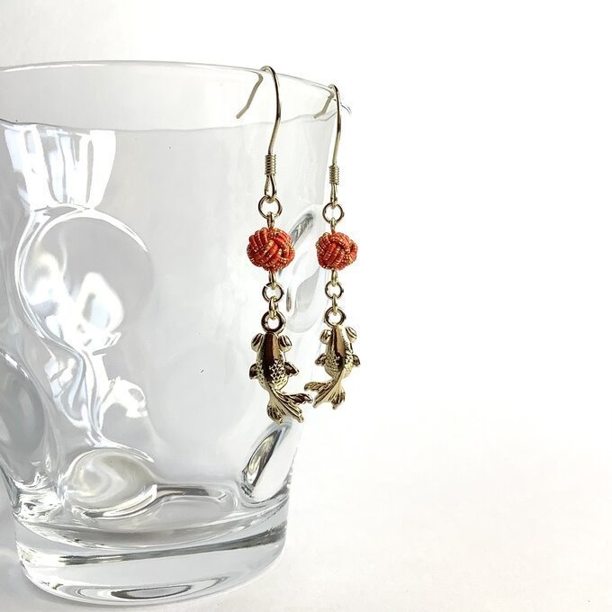 水引【金魚】ピアス 大人可愛い 朱色 ゴールド 和風