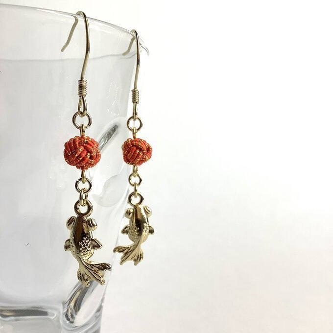 水引【金魚】ピアス 大人可愛い 朱色 ゴールド 和風