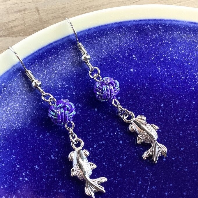 水引【銀魚】ピアス 大人可愛い 金魚 青 シルバー
