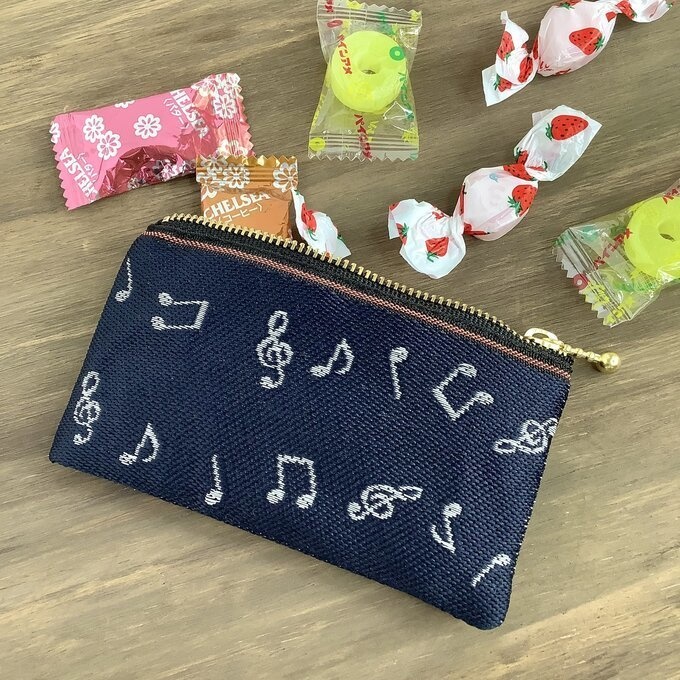 【音符】畳縁 ぺたんこ ミニポーチ カードケース 小銭入れ 藍色 白 音楽 楽譜