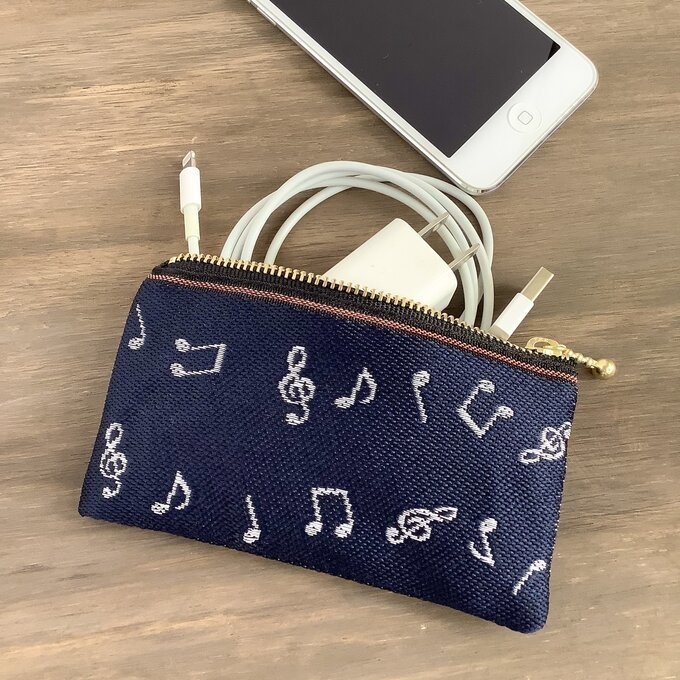 【音符】畳縁 ぺたんこ ミニポーチ カードケース 小銭入れ 藍色 白 音楽 楽譜