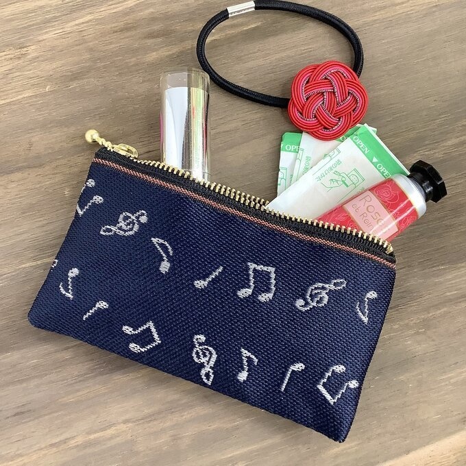 【音符】畳縁 ぺたんこ ミニポーチ カードケース 小銭入れ 藍色 白 音楽 楽譜