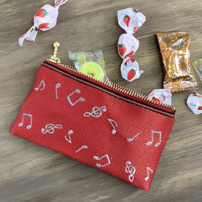 【音符】畳縁 ぺたんこ ミニポーチ カードケース 小銭入れ 赤 白 音楽 楽譜