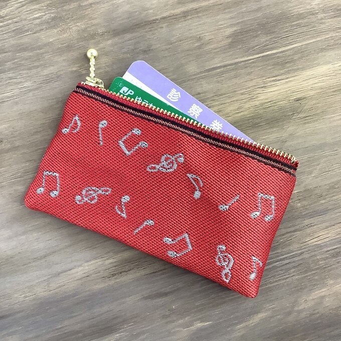 【音符】畳縁 ぺたんこ ミニポーチ カードケース 小銭入れ 赤 白 音楽 楽譜