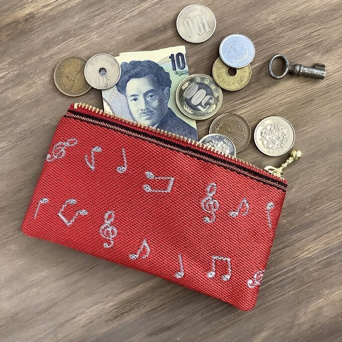 【音符】畳縁 ぺたんこ ミニポーチ カードケース 小銭入れ 赤 白 音楽 楽譜