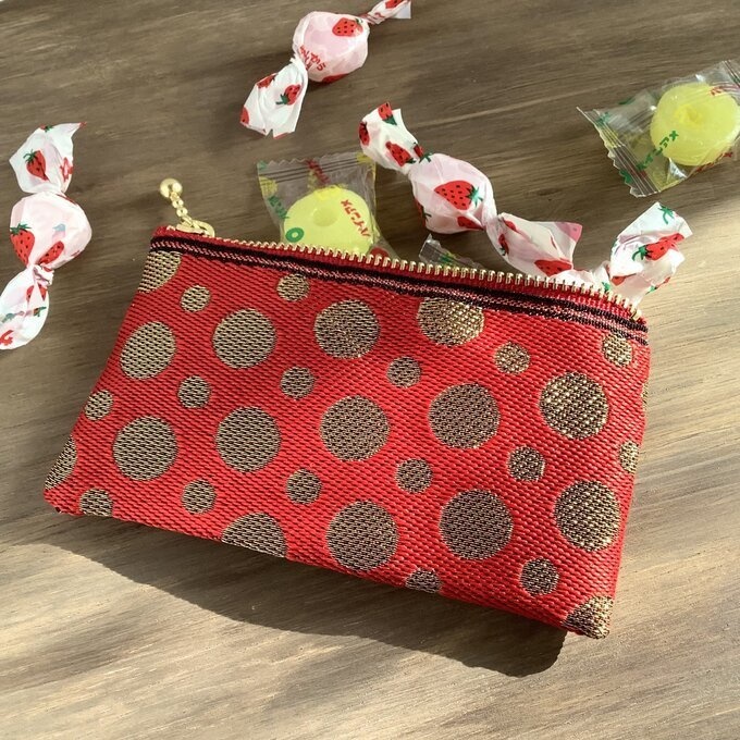 【水玉】畳縁 テトラ型 ペンケース 赤×金 クリスマス 新年 キラキラ