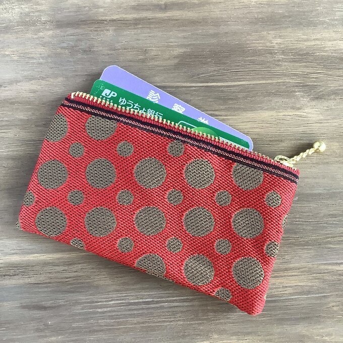 【水玉】畳縁 ぺたんこ ミニポーチ カードケース 小銭入れ 赤×金 クリスマス 新年 キラキラ