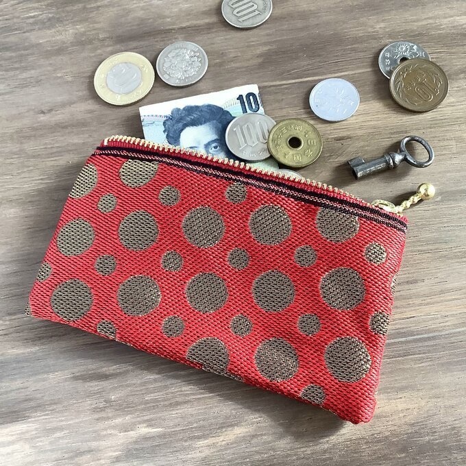 【水玉】畳縁 ぺたんこ ミニポーチ カードケース 小銭入れ 赤×金 クリスマス 新年 キラキラ