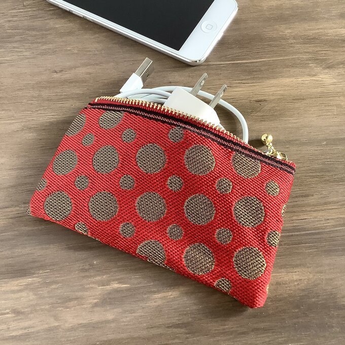 【水玉】畳縁 ぺたんこ ミニポーチ カードケース 小銭入れ 赤×金 クリスマス 新年 キラキラ