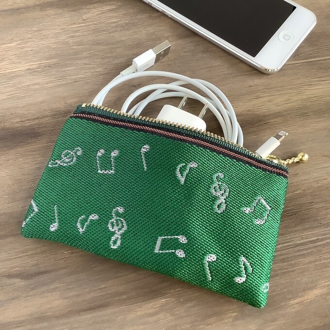 【音符】畳縁 テトラ型 ペンケース 緑 白 音楽 楽譜