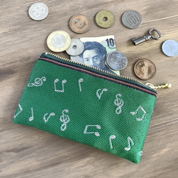 【音符】畳縁 ぺたんこ ミニポーチ カードケース 小銭入れ 緑 白 音楽 楽譜