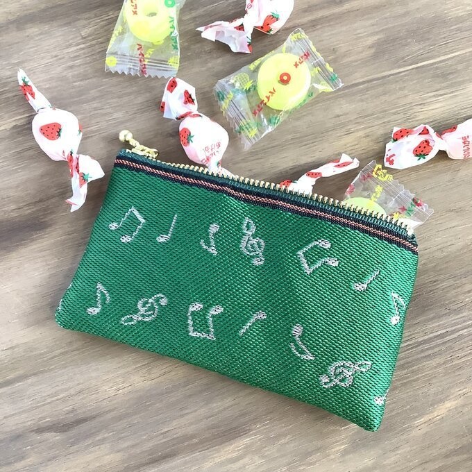 【音符】畳縁 ぺたんこ ミニポーチ カードケース 小銭入れ 緑 白 音楽 楽譜