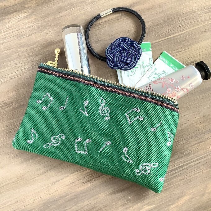 【音符】畳縁 ぺたんこ ミニポーチ カードケース 小銭入れ 緑 白 音楽 楽譜