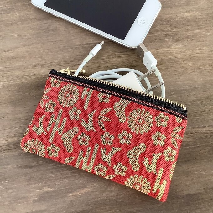 【おめでたうさぎ】畳縁 ぺたんこ ミニポーチ カードケース 小銭入れ 赤 金