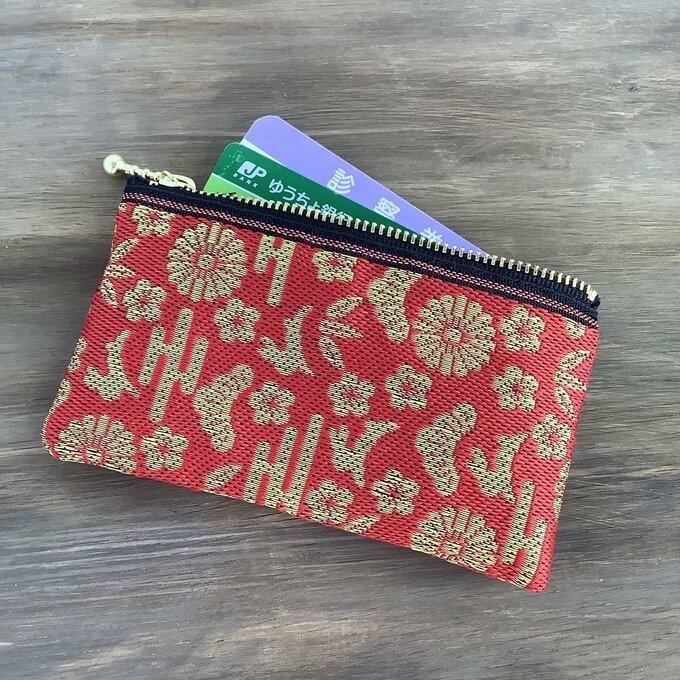 【おめでたうさぎ】畳縁 ぺたんこ ミニポーチ カードケース 小銭入れ 赤 金