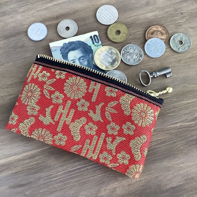 【おめでたうさぎ】畳縁 ぺたんこ ミニポーチ カードケース 小銭入れ 赤 金