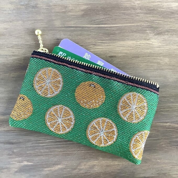 【みかん】畳縁 ぺたんこ ミニポーチ 小銭入れ カードケース 柑橘 オレンジ シトラス 緑