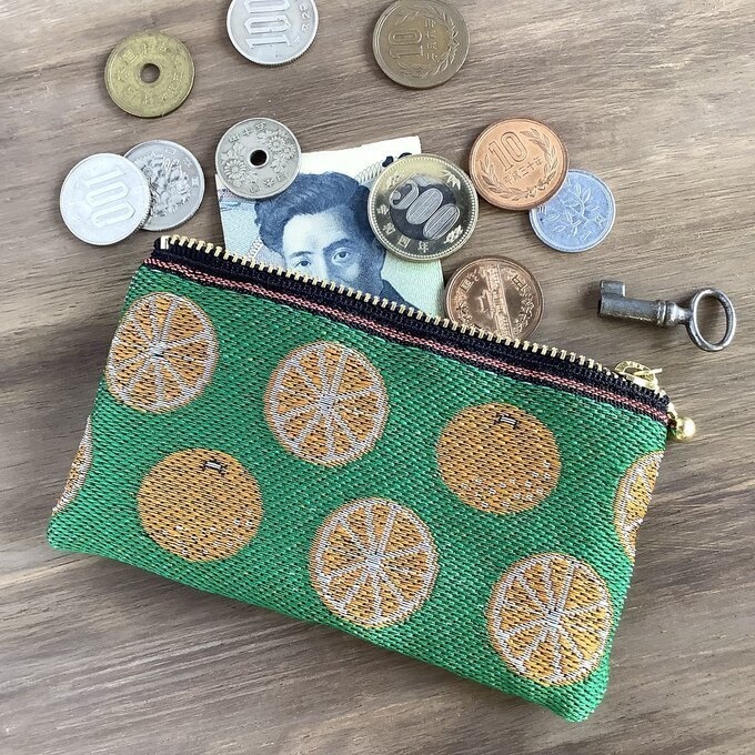 【みかん】畳縁 ぺたんこ ミニポーチ 小銭入れ カードケース 柑橘 オレンジ シトラス 緑