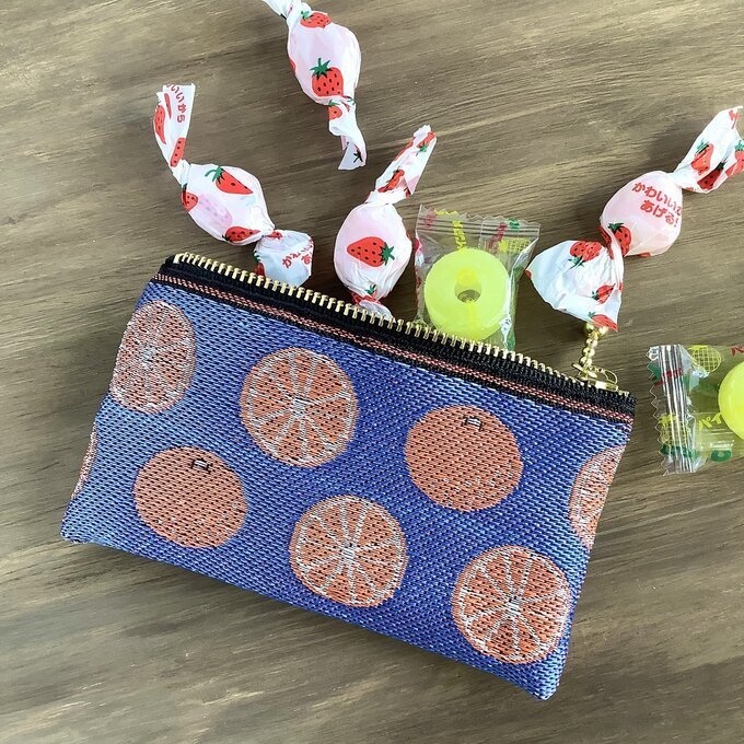 【みかん】畳縁 ぺたんこ ミニポーチ 小銭入れ カードケース 柑橘 オレンジ シトラス 青