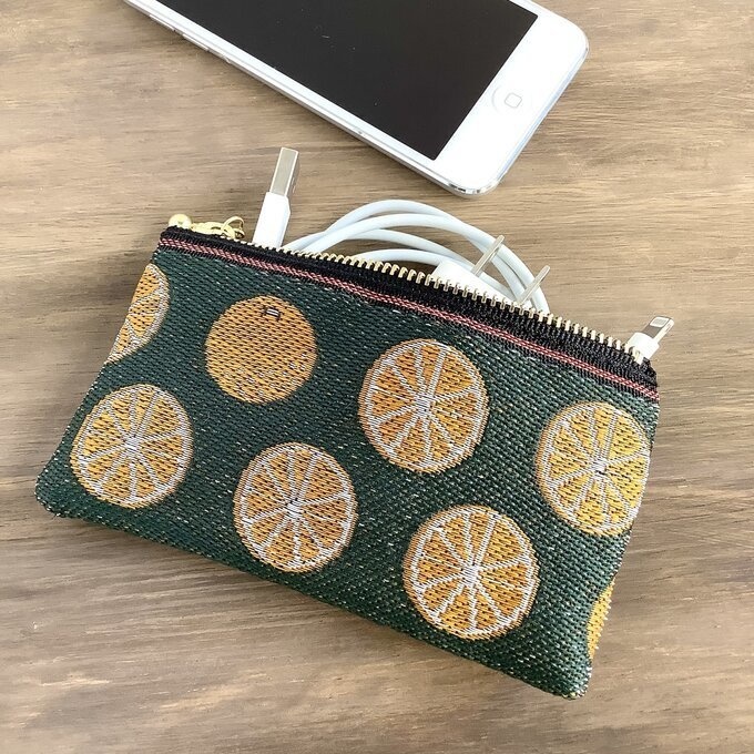 【みかん】畳縁 ぺたんこ ミニポーチ 小銭入れ カードケース 柑橘 オレンジ シトラス 深緑